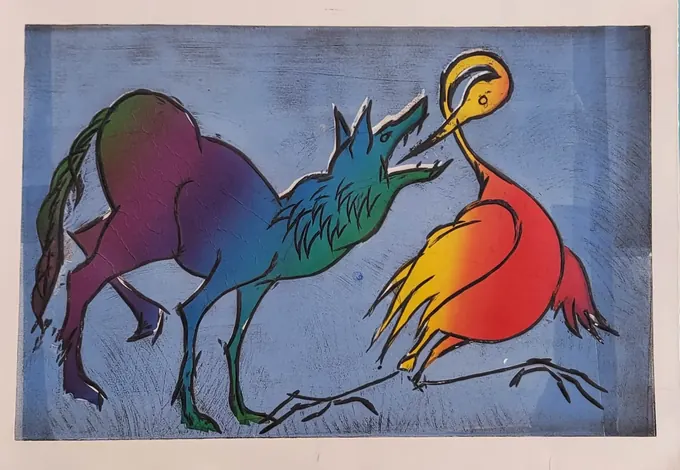 The Wolf & the Crane, Etching by Bruce Thomson