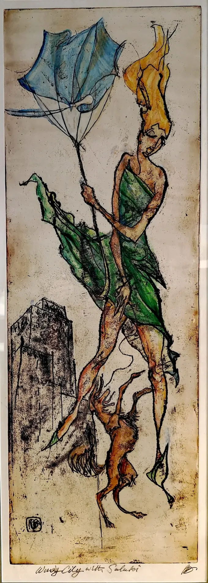 Windy City with Saluki I, Etching by Bruce Thomson
