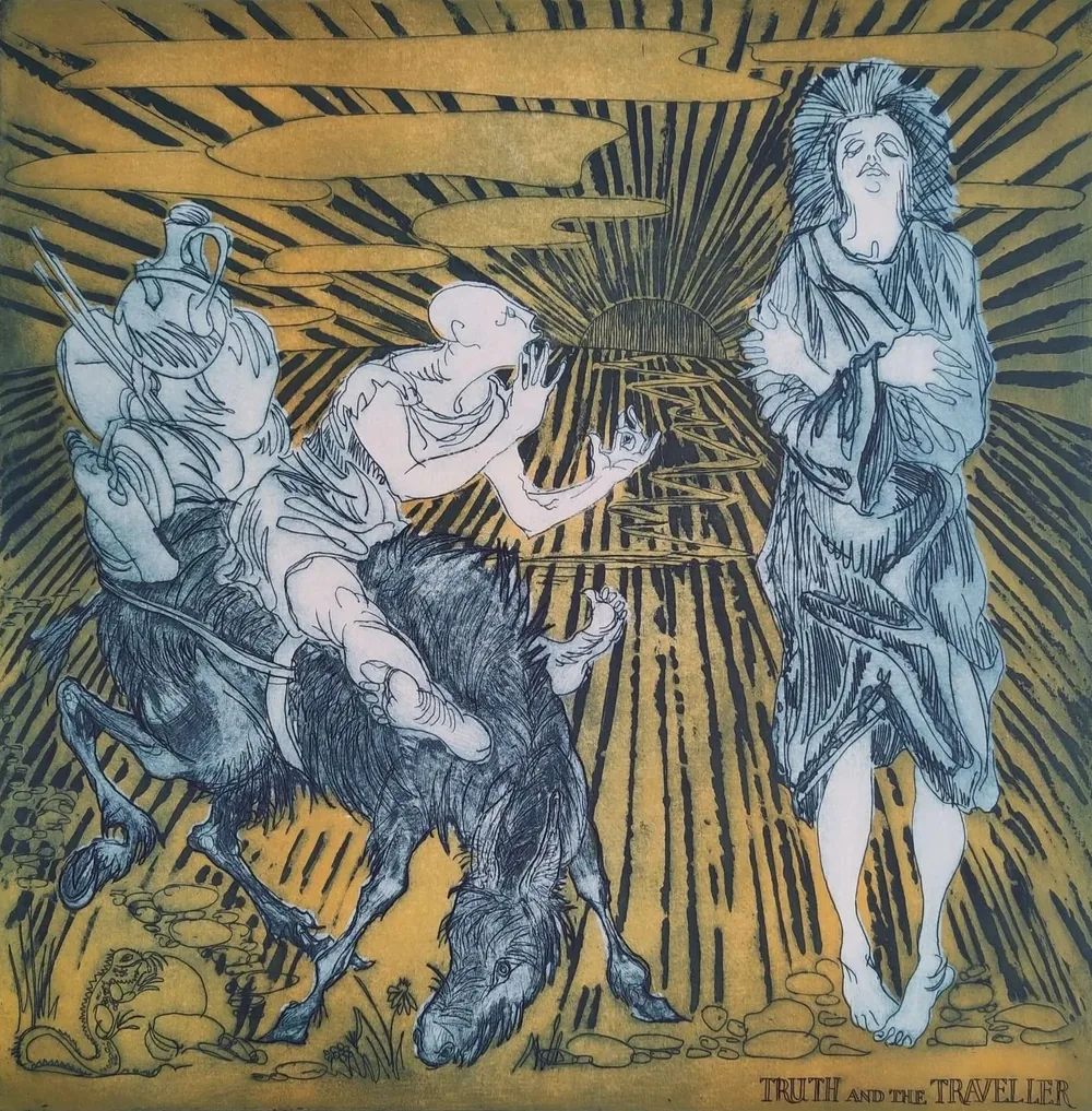 Truth and the Traveller, an Aesop's fables etching by Bruce Thomson
