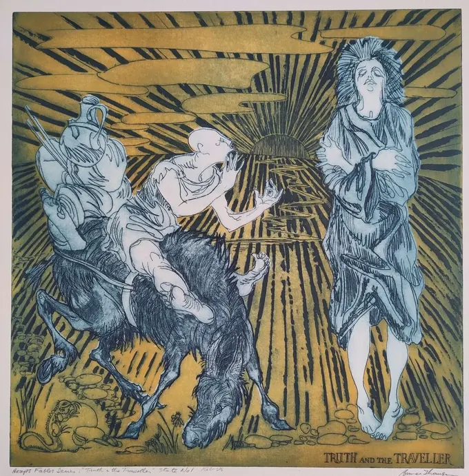 Truth and the Traveller, Etching by Bruce Thomson