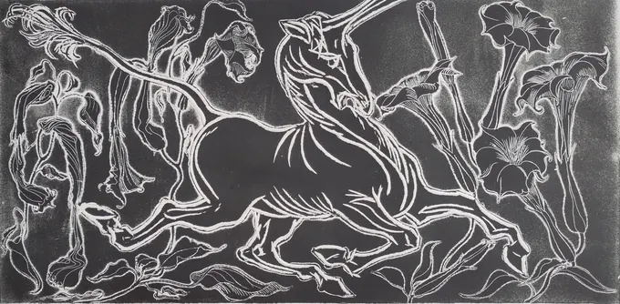 Unicorn Among the Blooms, Etching by Bruce Thomson