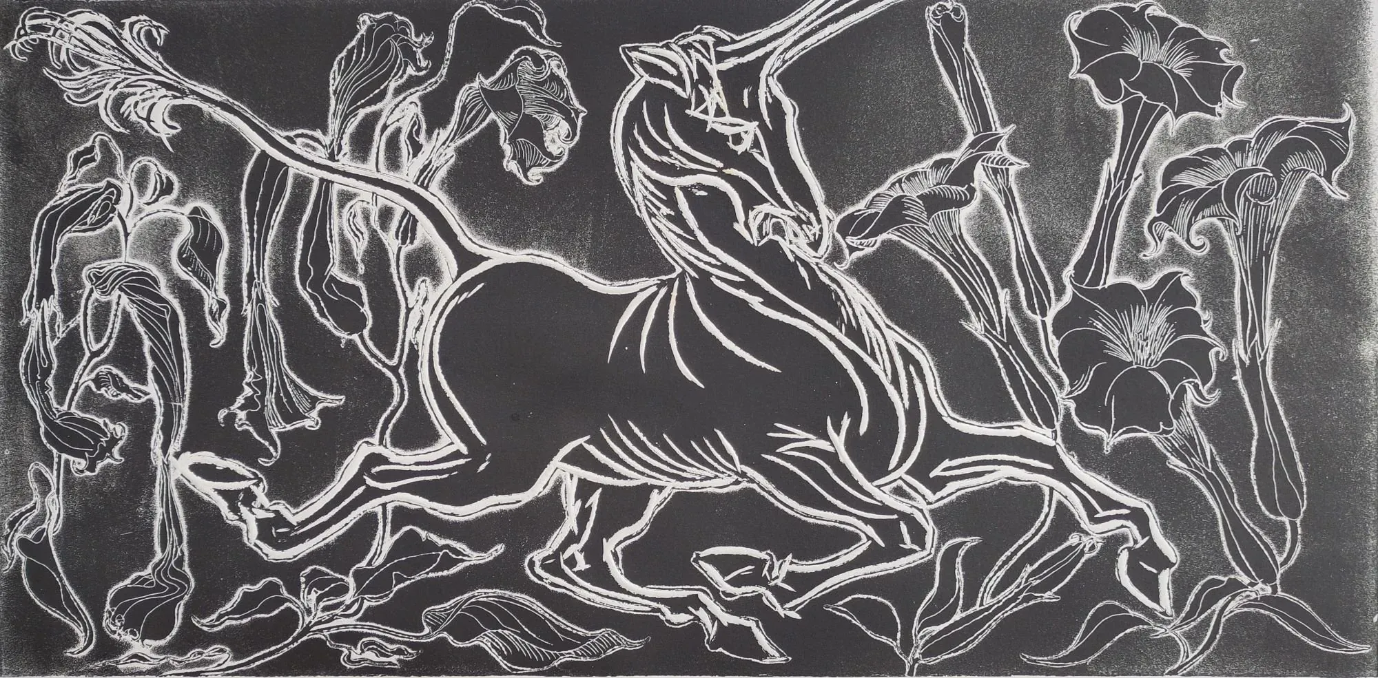 Unicorn Among the Blooms, Etching by Bruce Thomson