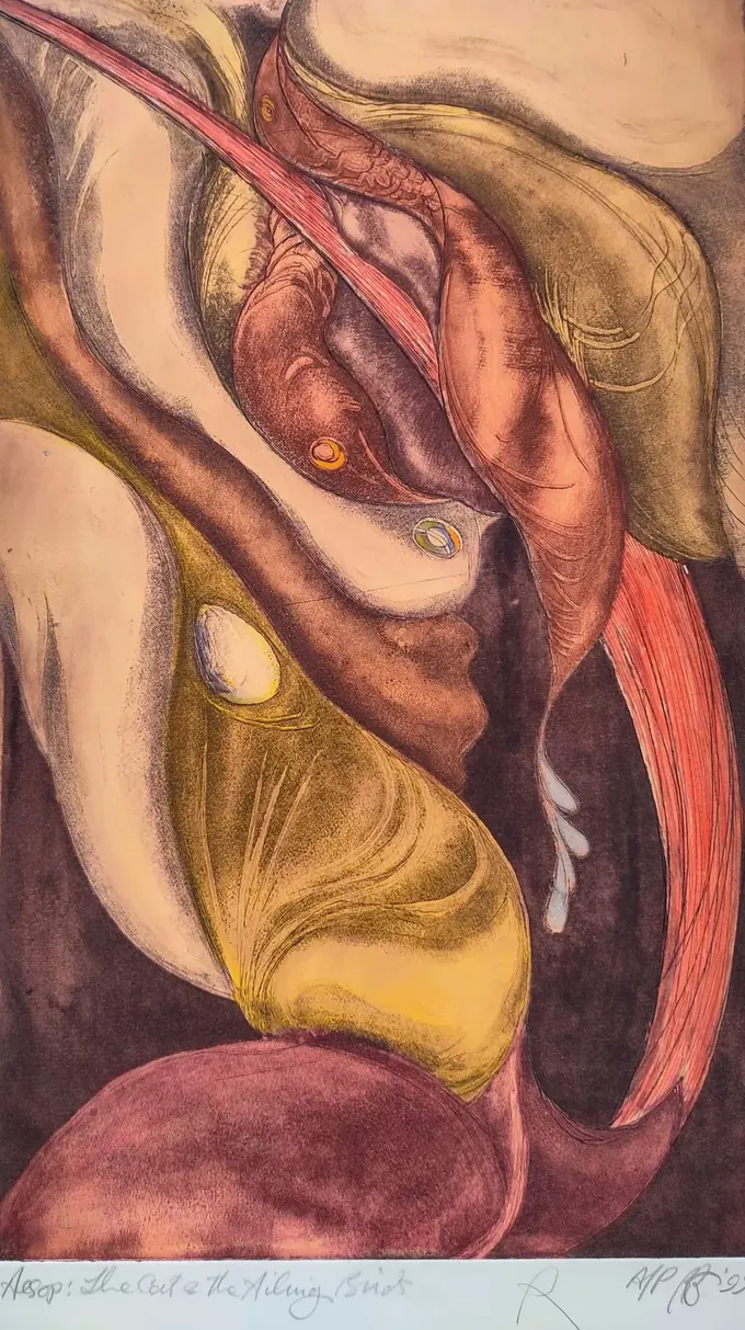 The Cat and the Ailing Birds, Etching by Bruce Thomson