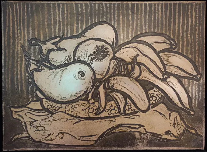 Still Life with Aubergines, Etching plate by Bruce Thomson