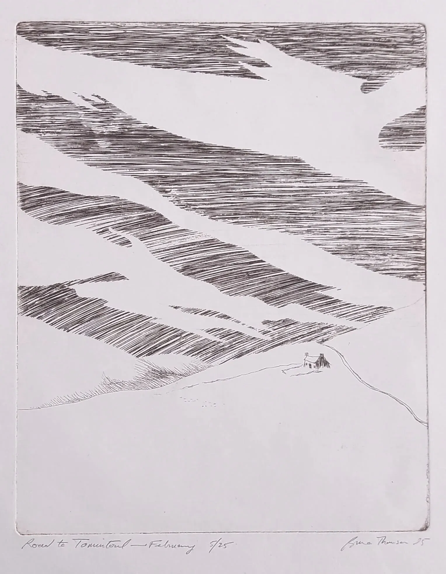 The Road to Tomintoul in February, an etching by Bruce Thomson of snow lying in diagonal bands across a hill with a single cottage on the road