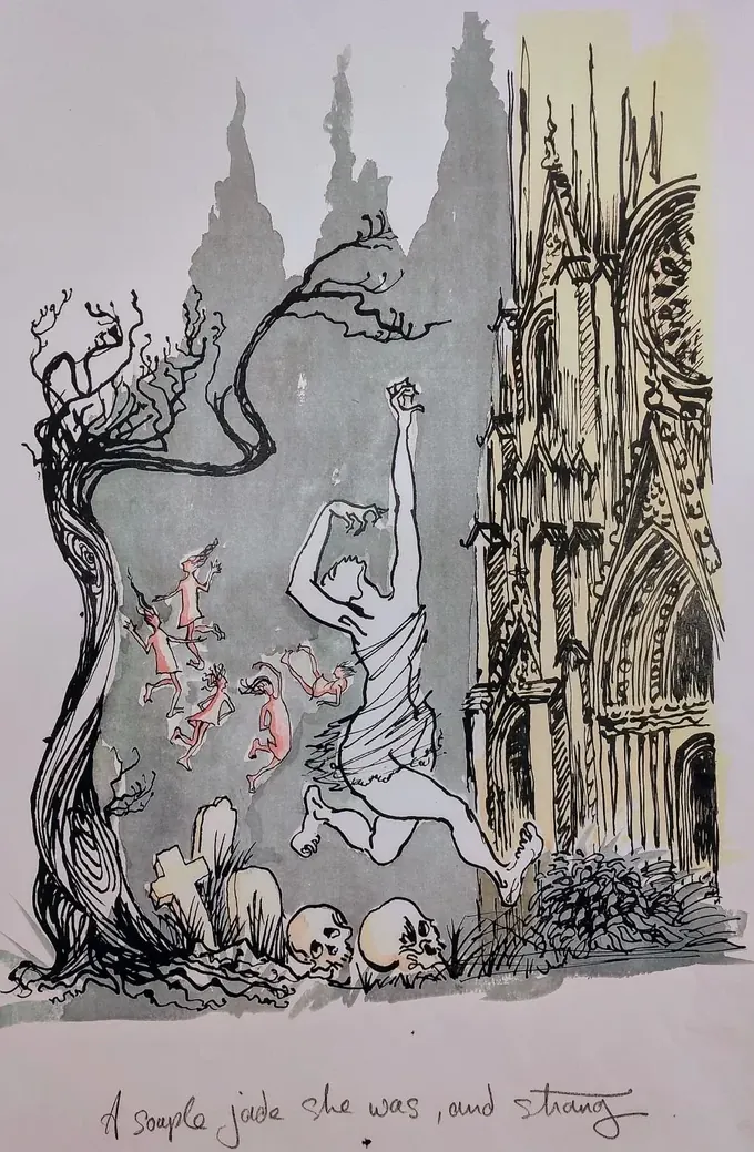 A Souple Jade — Bruce Thomson's Tam o' Shanter illustration of Nannie leading the witches' dance at the Kirk of Alloway