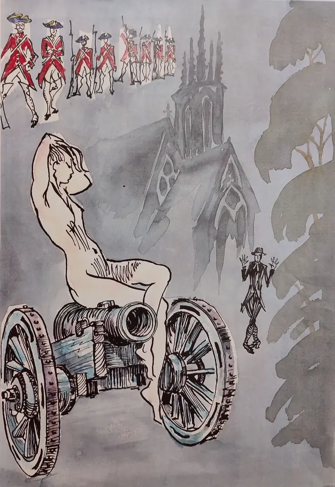 The Witch on the Cannon, an illustration by Bruce Thomson of a witch astride a cannon outside the Kirk of Alloway
