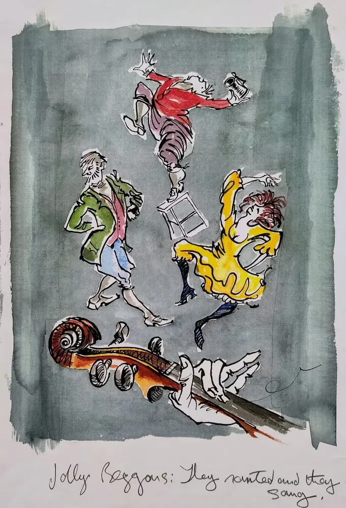 They Danced and They Sang, an illustration by Bruce Thomson of three beggars dancing above the neck of a fiddle