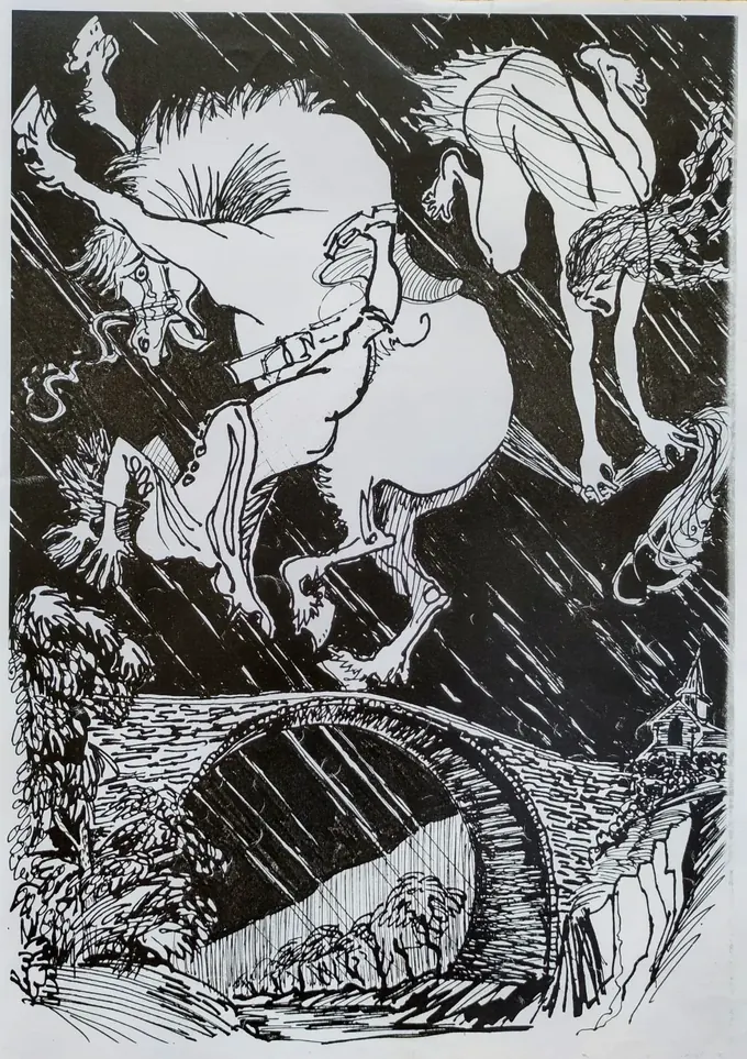 The Brig o' Doon, an illustration by Bruce Thomson of Maggie's leap across the bridge as a witch grasps her tail