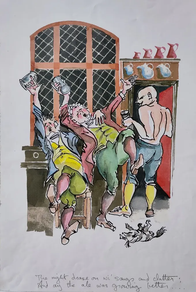 The Ale Was Growing Better, an illustration by Bruce Thomson of Tam and his companions drinking in the inn