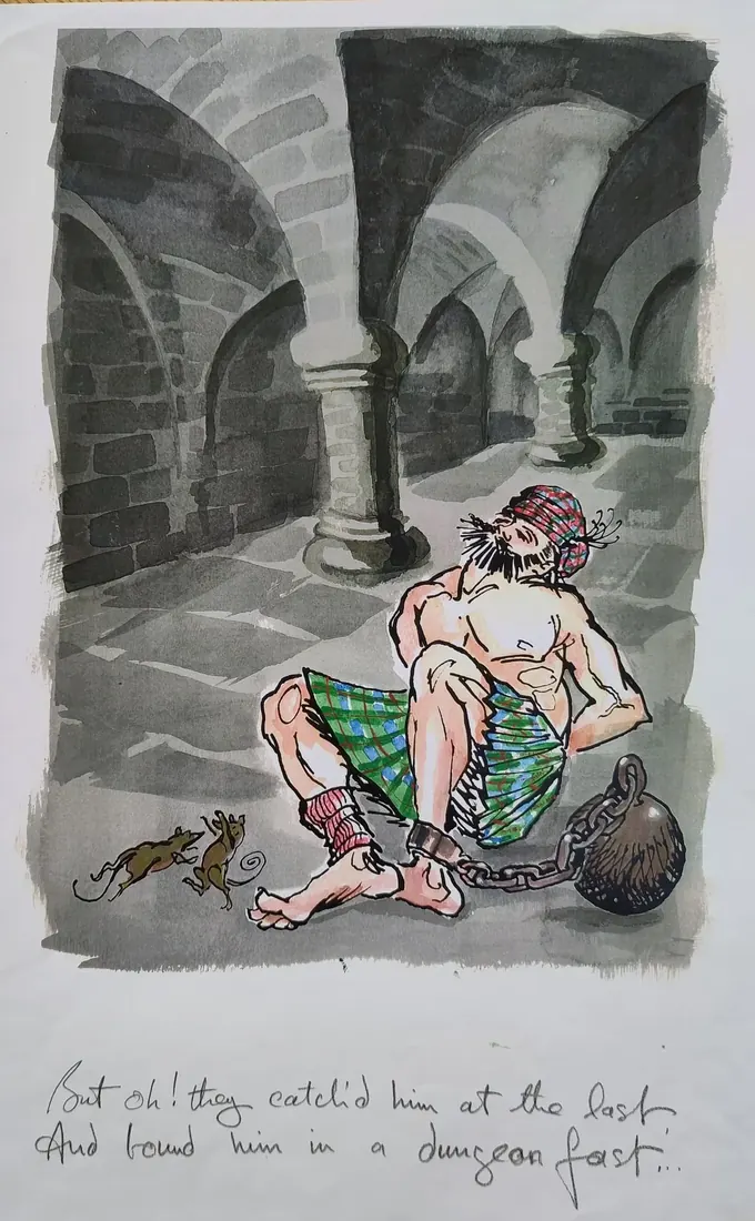 Bound in a Dungeon, an illustration by Bruce Thomson of a kilted man chained to a ball in a vaulted dungeon