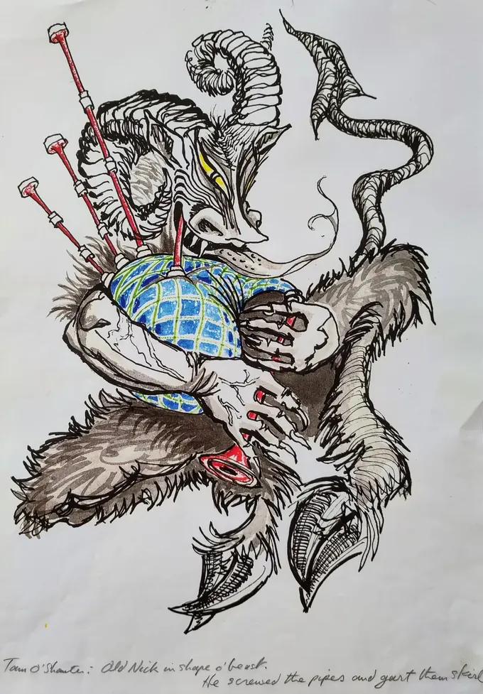 Old Nick in Shape o' Beast, an illustration by Bruce Thomson of the horned devil playing the bagpipes