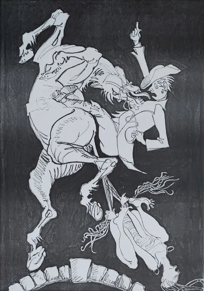 The Leap, an illustration by Bruce Thomson of Tam and Maggie leaping the bridge as a witch snatches at them