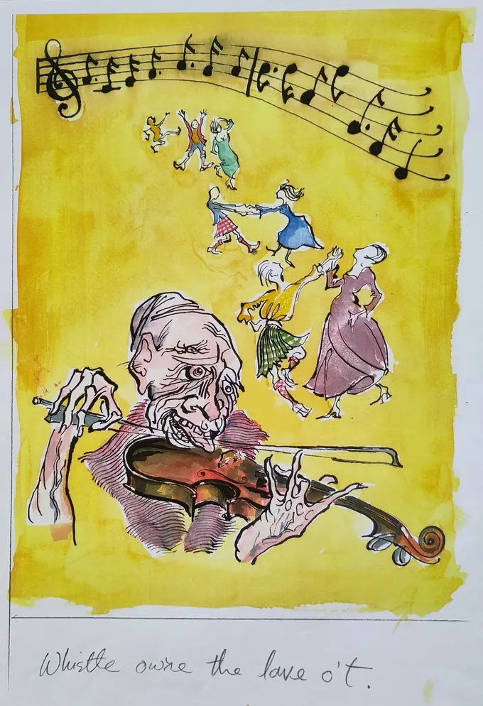 Whistle Owre the Lave o't, an illustration by Bruce Thomson of an old fiddler playing while dancers turn above him