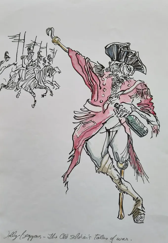 The Old Soldier's Tales of War, an illustration by Bruce Thomson of a one-legged soldier raising a bugle with cavalry behind him