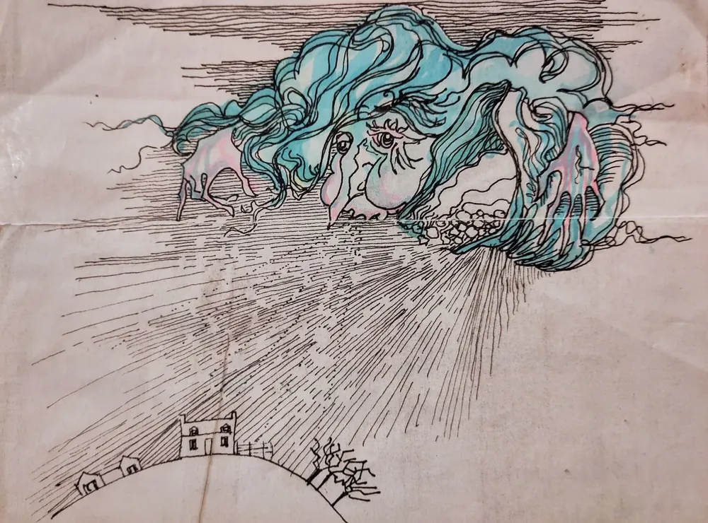 Snowstorm on the Family Home, from one of Bruce Thomson's illustrated letters home from the North Sea