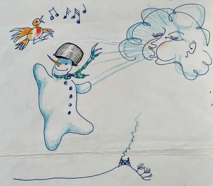 Winter Arrives, an illustration by Bruce Thomson of a snowman blown sideways by a face in the clouds with a robin singing above