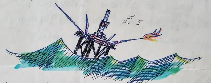 The Floating Rig, an illustration by Bruce Thomson of an oil rig in heavy seas with its flare burning and gulls overhead
