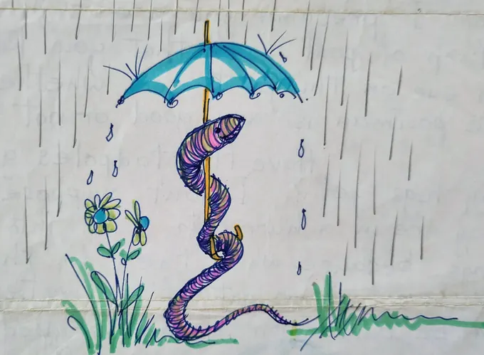 Worm in the Rain, a worm sheltering under a bright umbrella among grass and flowers, from an illustrated letter home by Bruce Thomson
