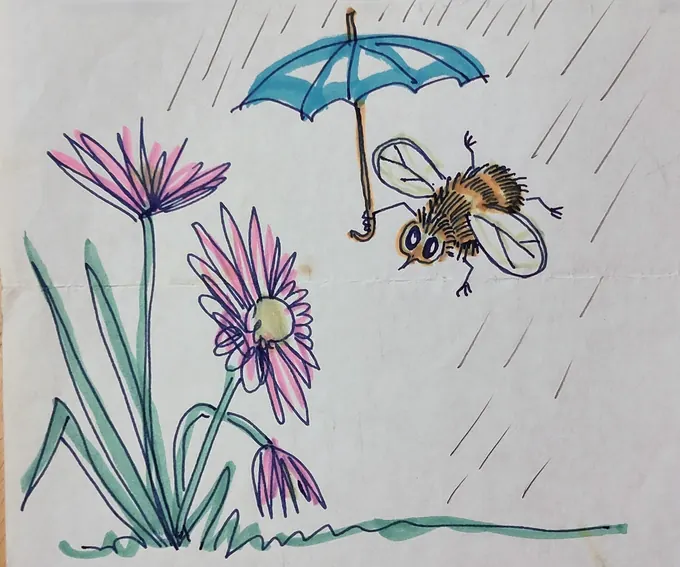 Bee in the Rain, a bee sheltering under a blue umbrella above pink flowers, from an illustrated letter home by Bruce Thomson