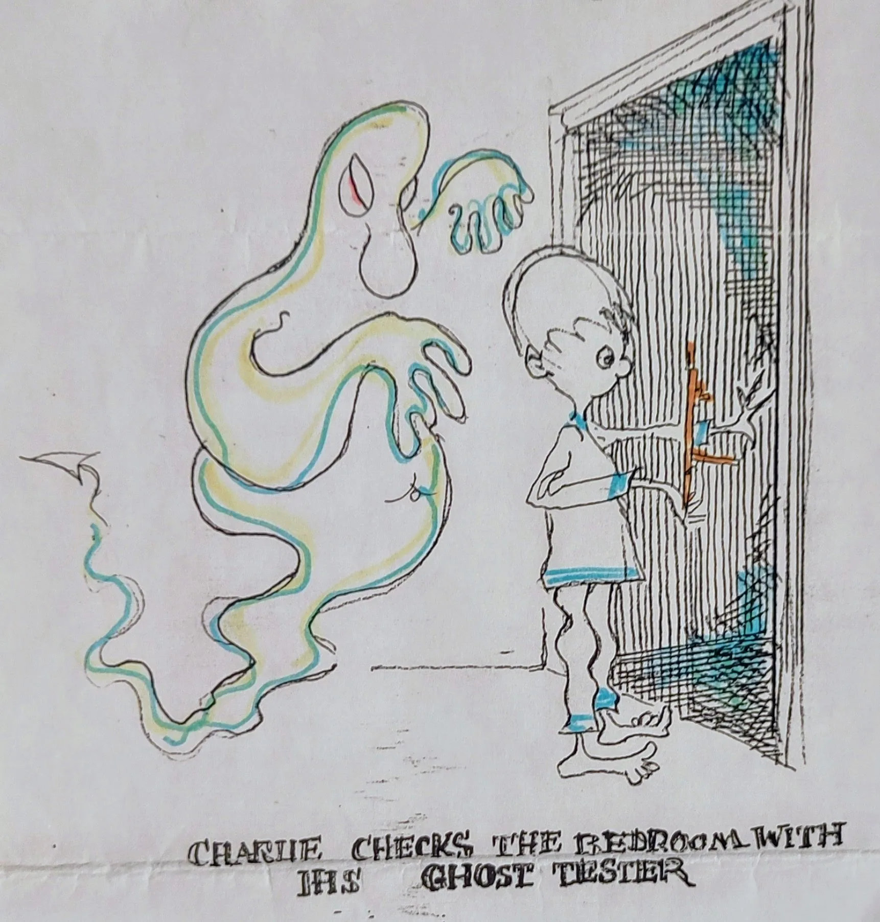 Charlie Checks for Ghosts, an illustration by Bruce Thomson of a boy in a doorway holding up a ghost tester as a ghost drifts past