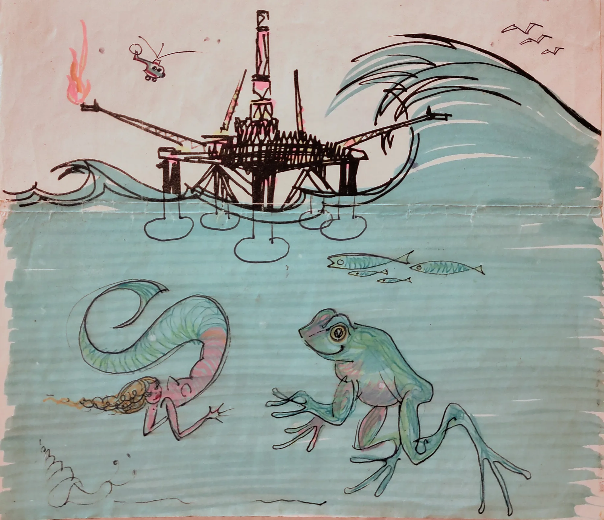 Creatures Beneath the Rig, an illustration by Bruce Thomson of an oil rig above the waves with a mermaid, a frog and fish below