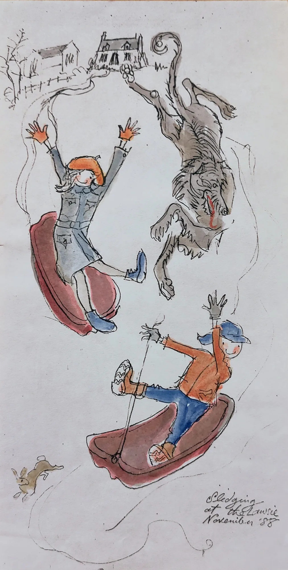 Sledging, two children racing downhill on sledges with the family deerhound tumbling after them, from an illustrated letter home by Bruce Thomson