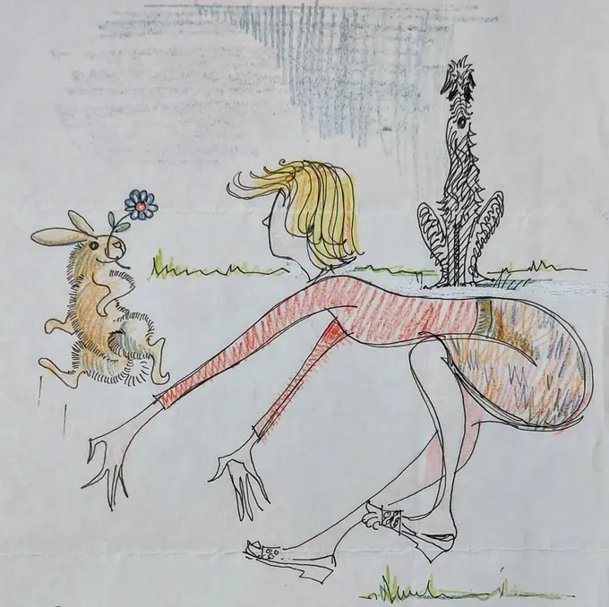 The Rabbit Catcher, an illustration by Bruce Thomson of a woman lunging after a rabbit while the family deerhound watches