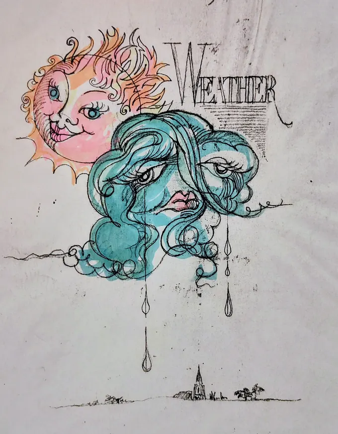 Weather, an illustration by Bruce Thomson of a grinning sun and a weeping rain cloud over a church spire