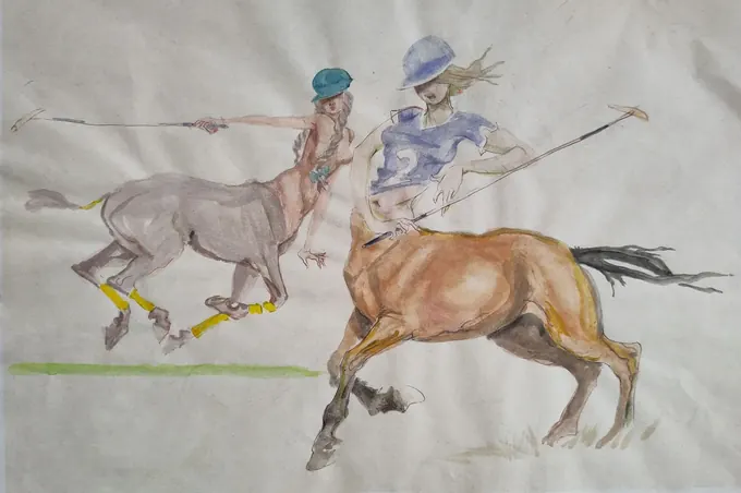 Centaurs Playing Polo, Watercolour by Bruce Thomson