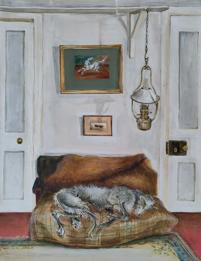 Deerhound on Sofa, Oil on canvas by Bruce Thomson