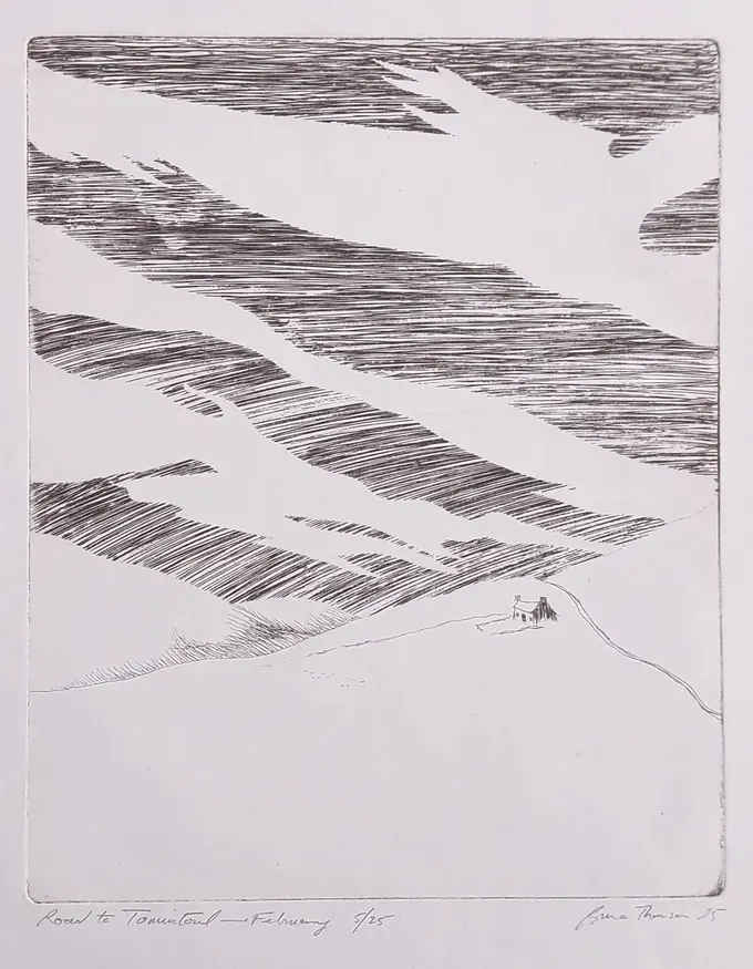 The Road to Tomintoul in February, Ink drawing by Bruce Thomson